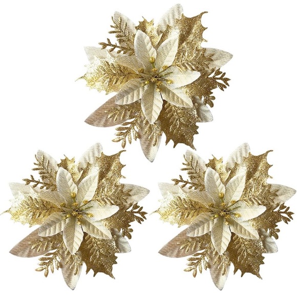 12 Gold Glitter Poinsettia Flowers - Artificial Christmas Ornaments - Picture 1 of 7